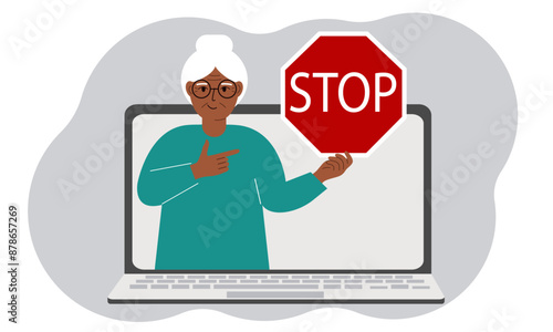 A woman holding a red stop sign in a laptop screen. Virus, attack, error, account or page deletion. Vector flat illustration