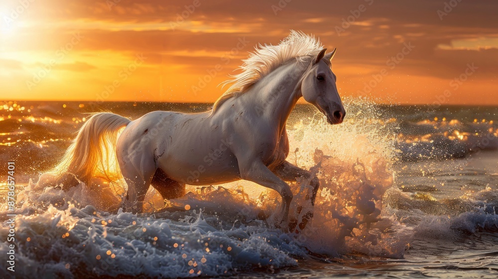 white horse rearing in the splashes of sea waves white horse rearing in the splashes of sea waves