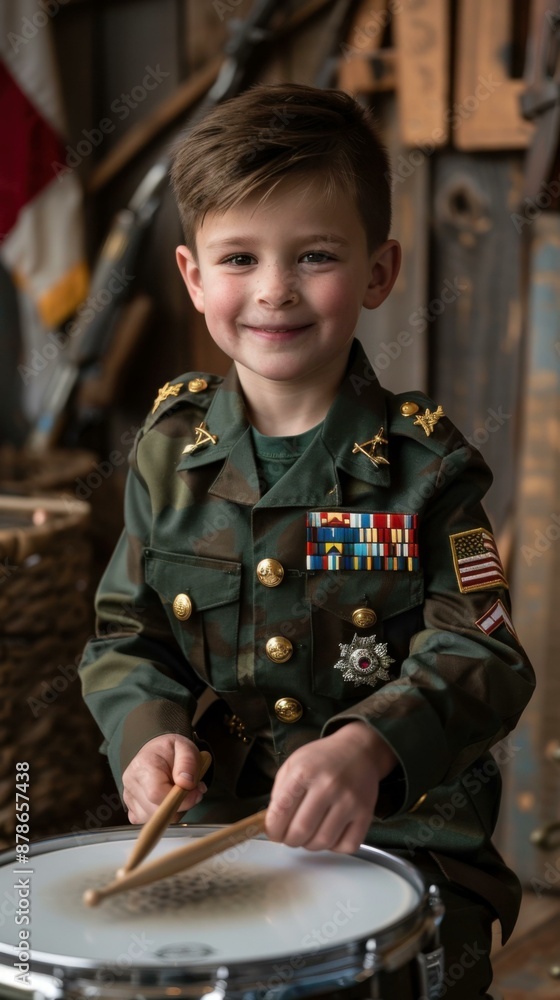 A young boy dressed in a military uniform is playing the drums. AI. A young boy dressed in a military uniform is playing the drums. AI.