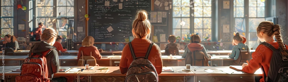 A fall classroom scene with students wearing sweaters, backpacks hanging on the backs of chairs, and the blackboard filled with notes A fall classroom scene with students wearing sweaters, backpacks hanging on the backs of chairs, and the blackboard filled with notes