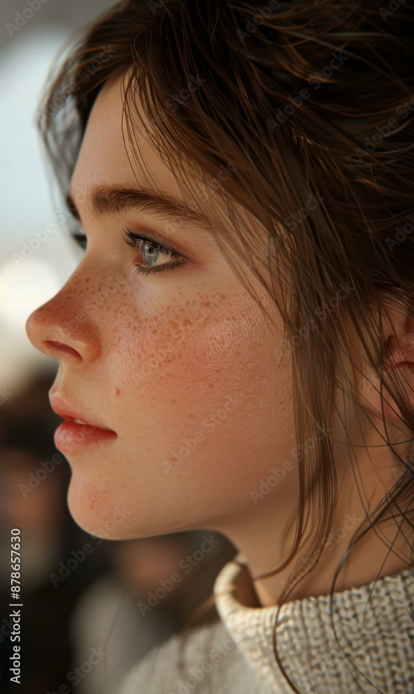 Portrait of a young woman with freckles and blue eyes. AI. Portrait of a young woman with freckles and blue eyes. AI.