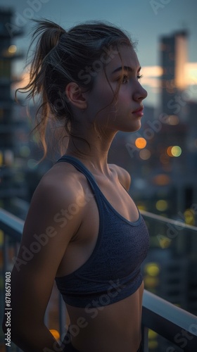 A young woman in a sports bra looks out over a city at dusk. AI.