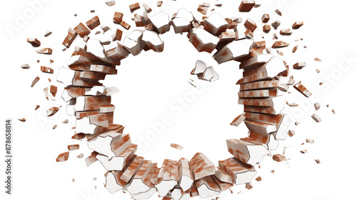 Hole breaking through the brick wall transparent background.