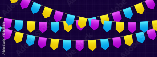 Bunting flags, carnival party flags, festive pennants hanging on a rope. Festival vector decoration.