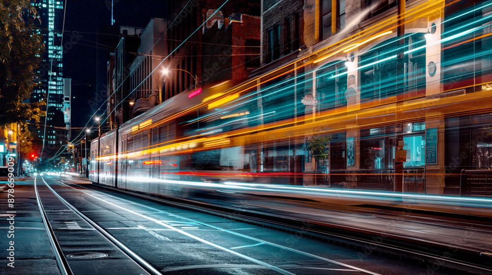 A long exposure of a tram moving through a city at night, showcasing vibrant light trails A long exposure of a tram moving through a city at night, showcasing vibrant light trails