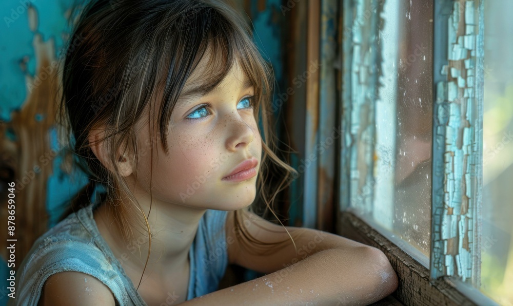 Fototapeta premium Portrait of a young girl looking out the window. AI.