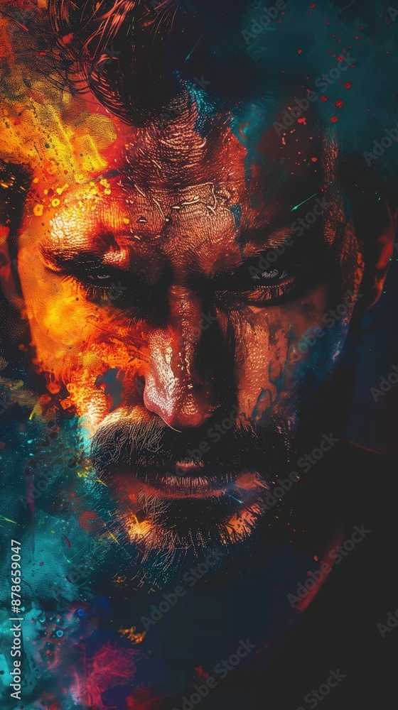 Fototapeta premium Dramatic portrait of a man with vibrant face paint on a dark background exuding strength and emotion