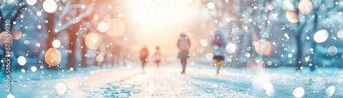 A winter morning of students bundled up in coats and scarves, walking to class with backpacks, leaving footprints in the fresh snow photo