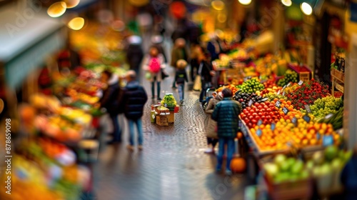 A tilt-shift image of a bustling produce market. AI. photo