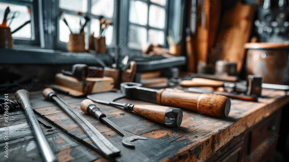 A close-up of a workbench with various woodworking tools, including chisels, a hammer, and a plane. The tools are arranged in a natural, rustic setting, suggesting a workshop. A close-up of a workbench with various woodworking tools, including chisels, a hammer, and a plane. The tools are arranged in a natural, rustic setting, suggesting a workshop.
