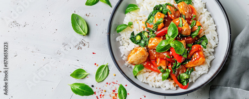 A bowl of rice topped with chicken and vegetables. photo