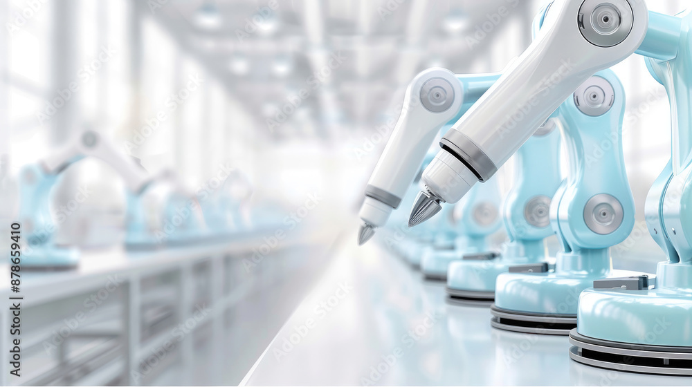A line of robotic arms in a futuristic factory setting. The arms are white and blue and are all in a row on a conveyor belt. A line of robotic arms in a futuristic factory setting. The arms are white and blue and are all in a row on a conveyor belt.