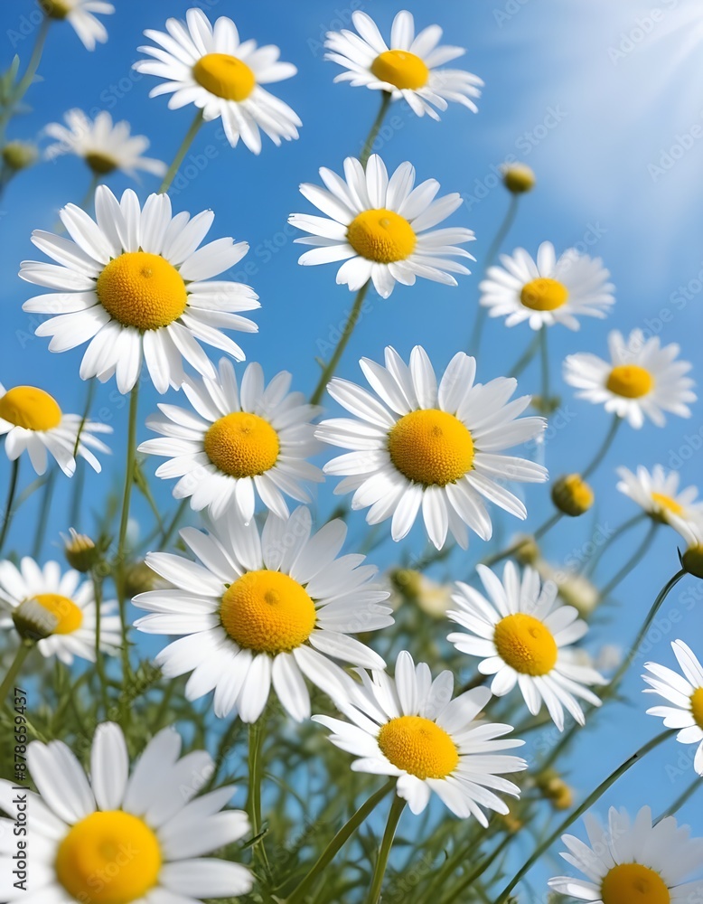 Fototapeta premium Beautiful spring background with blooming chamomile and blue sky