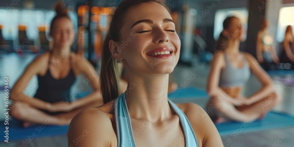Woman practicing yoga with a smile, possibly indicating relaxation and mindfulness Woman practicing yoga with a smile, possibly indicating relaxation and mindfulness