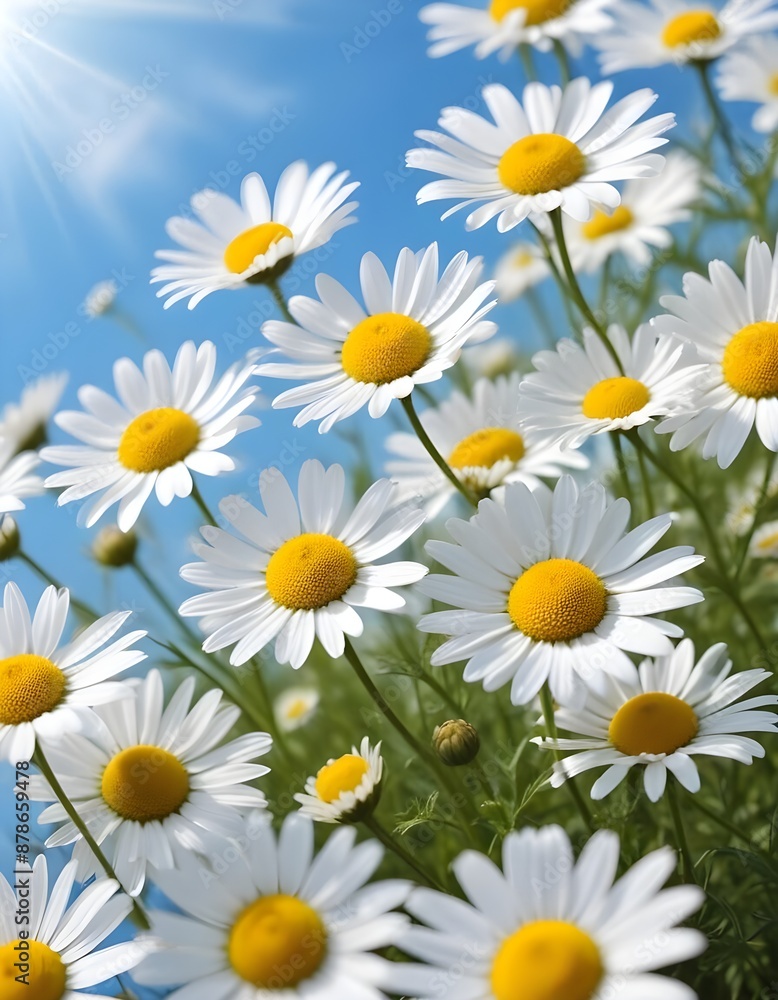 Fototapeta premium Beautiful spring background with blooming chamomile and blue sky