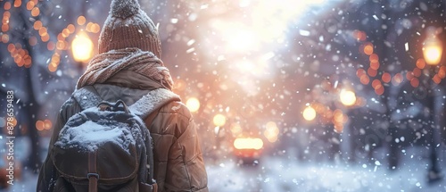 A winter scene of a student bundled up in a coat and scarf, carrying a heavy backpack, trudging through snow on their way to school