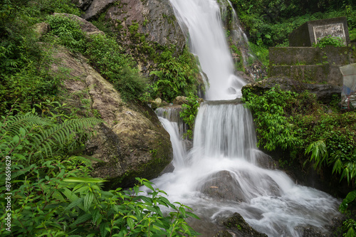 Paglajhora waterfall , famous waterfall in monsoon, at Kurseong, Himalayan mountains of Darjeeling, West Bengal, India. Origin of Mahananda River flowing through Mahananda Wildlife Sanctuary.