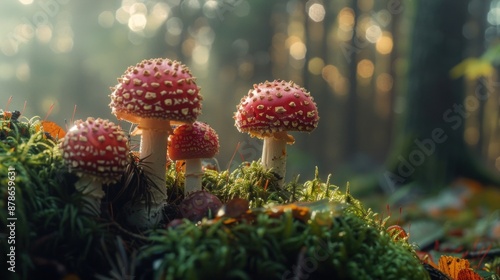 Red Mushrooms in a Sun-Dappled Forest © nomesart