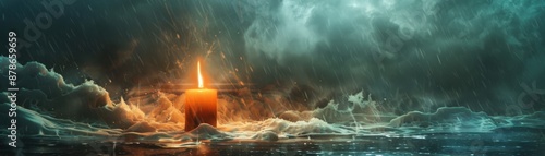 Detailed image of a candle withstanding a violent storm, high realism, persistent flame, extreme weather, unyielding light