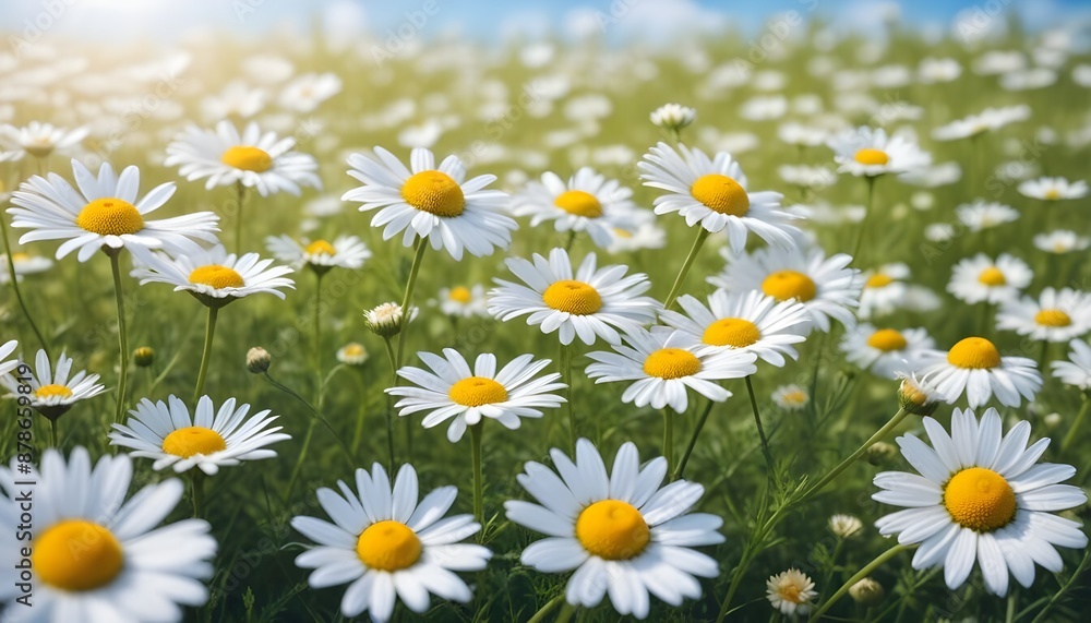 Fototapeta premium Beautiful spring background with blooming chamomile and blue sky