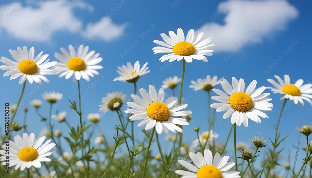 Fototapeta premium Beautiful spring background with blooming chamomile and blue sky