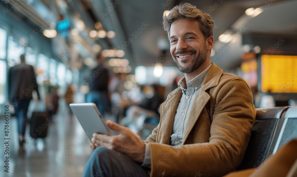 Fototapeta premium Mature man working with a tablet at the airport in the waiting room. Business man. Distant work. Airport.