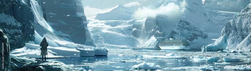 custom made wallpaper toronto digitalDetailed image of an explorer crossing icebergs on a cruise ship, high realism, frozen wilderness, majestic voyage, luxury expedition