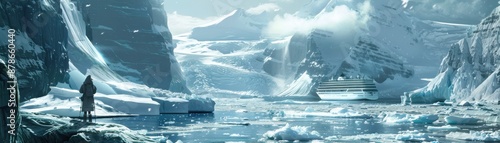 Wallpaper Mural Detailed image of an explorer crossing icebergs on a cruise ship, high realism, frozen wilderness, majestic voyage, luxury expedition Torontodigital.ca