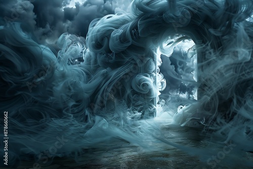 A doorway made of swirling smoke, leading to an unknown and dreamlike world