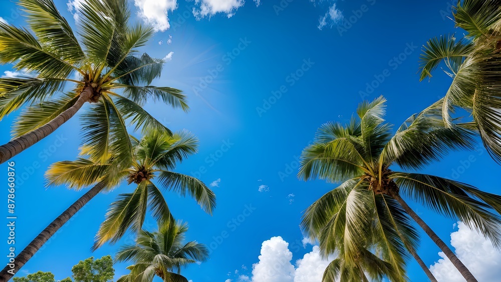 Soaring palm trees under bright blue sky with white clouds in tropical setting. Summer vacation holidays background. Generative AI Soaring palm trees under bright blue sky with white clouds in tropical setting. Summer vacation holidays background. Generative AI