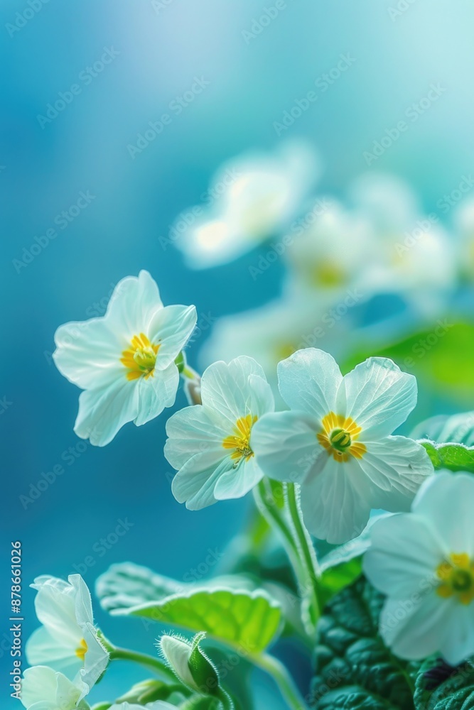 A bunch of white flowers with green leaves A bunch of white flowers with green leaves