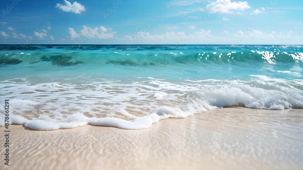 Sandy beach with gentle waves, blue sky and clouds on a sunny day. Summer vacation holidays background. Generative AI Sandy beach with gentle waves, blue sky and clouds on a sunny day. Summer vacation holidays background. Generative AI