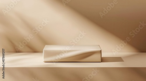 packshot of a sleek food package, centered alone on a beige background, soft shadows, highkey lighting, minimalistic design