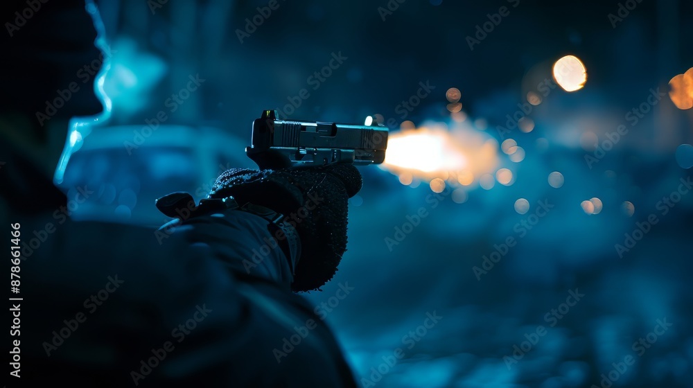 Police Officer Firing Gun in High-Stakes Night Scene Police Officer Firing Gun in High-Stakes Night Scene