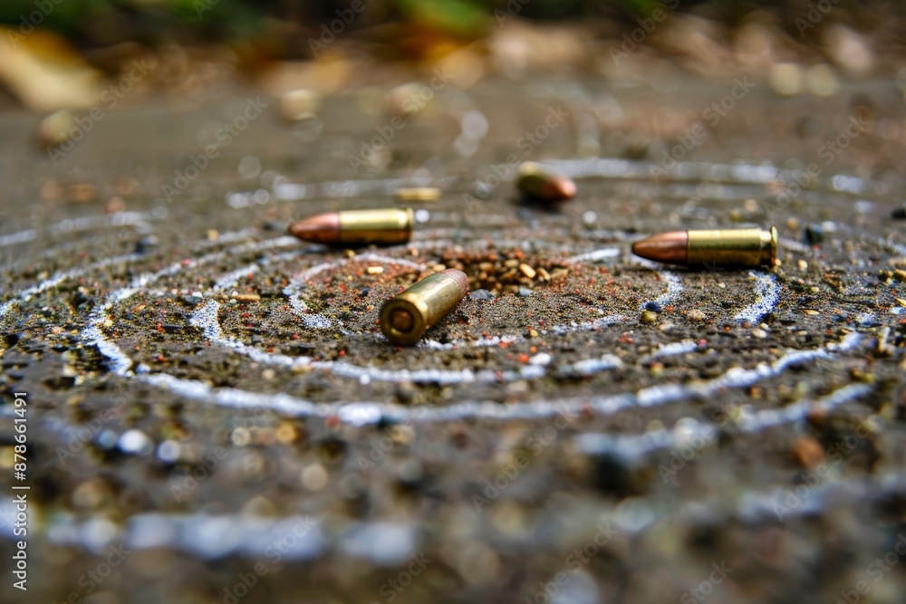 Multiple small metallic bullets lying scattered across the ground, Bullet fragments scattered around a target Multiple small metallic bullets lying scattered across the ground, Bullet fragments scattered around a target