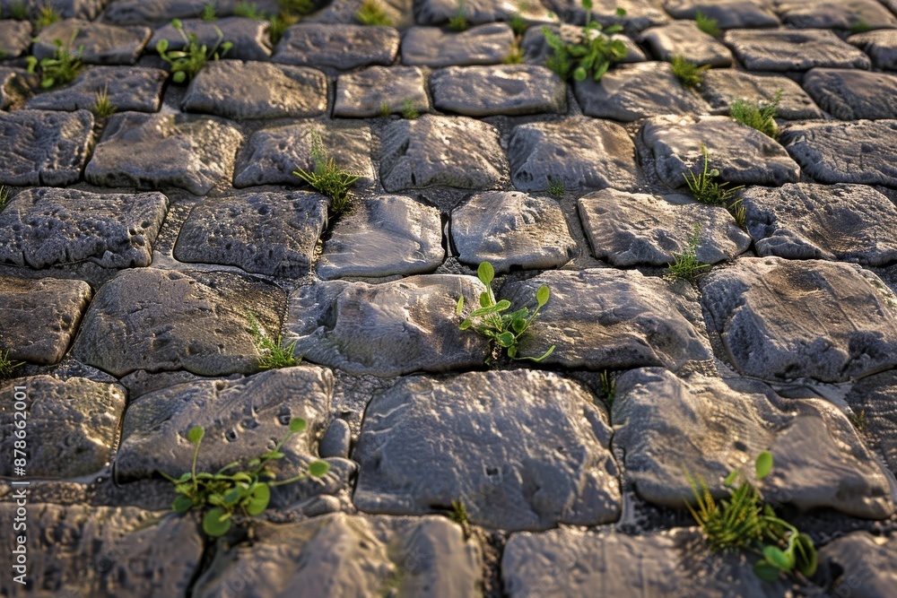 A cobblestone street with patches of grass pushing through the stones, Bumpy cobblestone with weeds pushing through the gaps