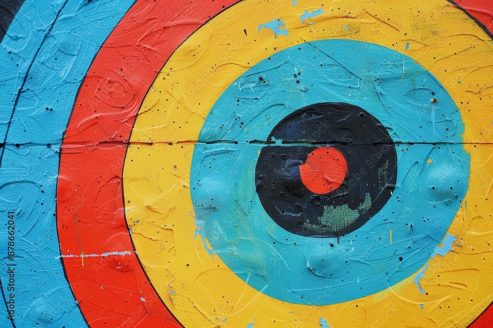 Detailed view of a multicolored bullseye target with bright hues and precise painting, Bullseyes painted on paper targets Detailed view of a multicolored bullseye target with bright hues and precise painting, Bullseyes painted on paper targets