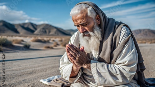 Elderly Man Praying in Desert Landscape During Daytime. Generative AI