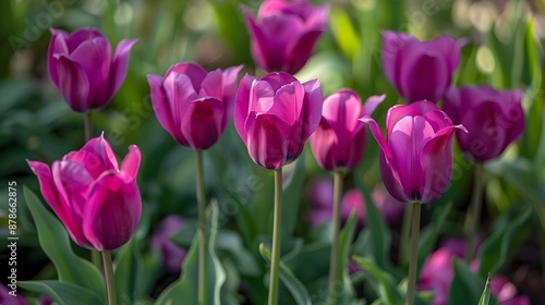  Close-Up of purple tulip flowers in a garden spring