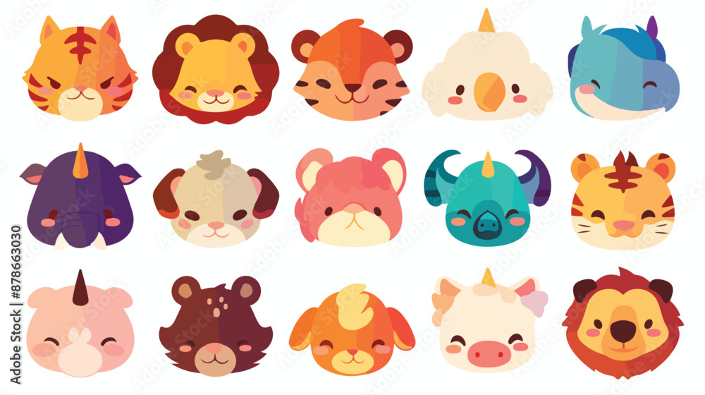 Fototapeta premium Animals manga smiles. Cute kawaii baby animal emoticon