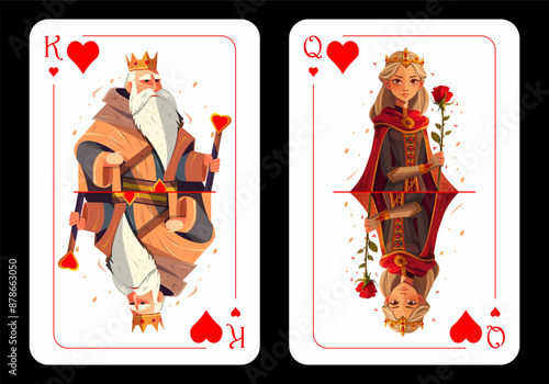 Queen of Hearts and King of Hearts, original playing card design on black background. Vector illustration