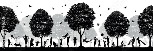 People all ages outdoors activities family time leisure time in park vector silhouettes.