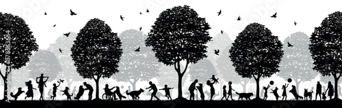People all ages pet dogs playing with dogs in public park outdoors vector silhouettes.