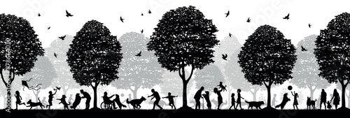 People all ages playing with dogs different poses in park outdoors vector silhouette set collection. Group people walking with dogs in public park outdoors black silhouettes.