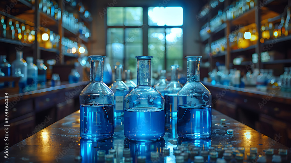 Glass laboratory beakers filled with blue liquid in a well-organized chemistry lab, showcasing scientific equipment and chemical solutions. Glass laboratory beakers filled with blue liquid in a well-organized chemistry lab, showcasing scientific equipment and chemical solutions.