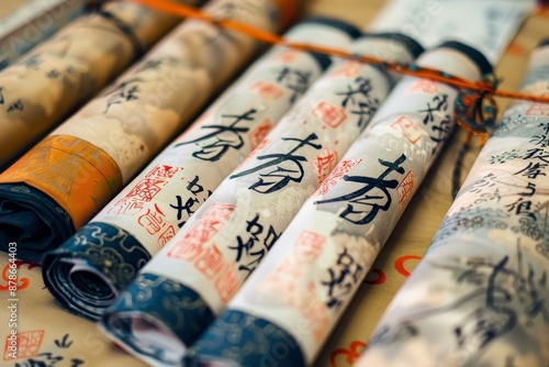 Assorted rolls of paper with intricate calligraphy writing on them for the new year, Calligraphy scrolls of well wishes for the new year