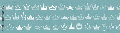Seamless background with white doodle crowns on mint background. Can be used for wallpaper, pattern fills, textile, web page background, surface textures