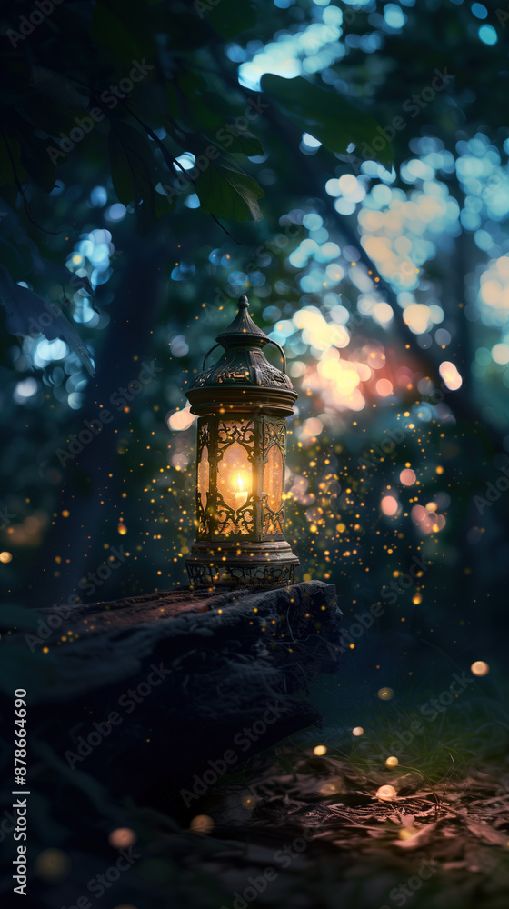 A beautifully ornate lantern with intricate designs is perched on an old wooden log amidst a twilight forest setting. The lantern emits a warm, golden light that is enhanced by the surrounding glow of A beautifully ornate lantern with intricate designs is perched on an old wooden log amidst a twilight forest setting. The lantern emits a warm, golden light that is enhanced by the surrounding glow of