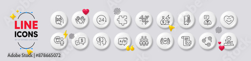 Ab testing, Smile face and 24 hours line icons. White buttons 3d icons. Pack of Electricity price, Friends community, Refrigerator icon. Vector