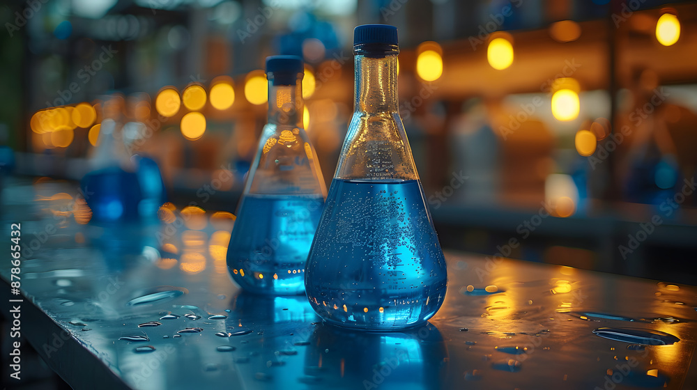 Two blue liquid-filled laboratory flasks on a wet table, illuminated by warm ambient lighting in a modern lab setting. Two blue liquid-filled laboratory flasks on a wet table, illuminated by warm ambient lighting in a modern lab setting.
